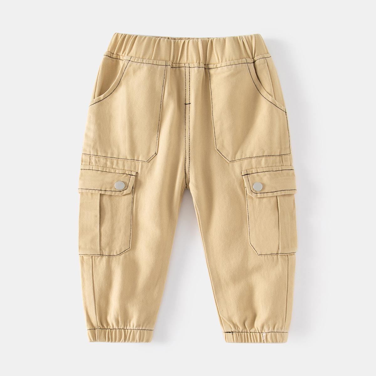 

Spring fashion new mid-rise micro-elastic boys cargo pants navy blue side folding pockets for children and children 130cm