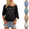 Bohemian Crochet Knit Top for Women Loose Fit Lightweight Summer Blouse Three Quarter Sleeve Openwork Pattern Pullover
