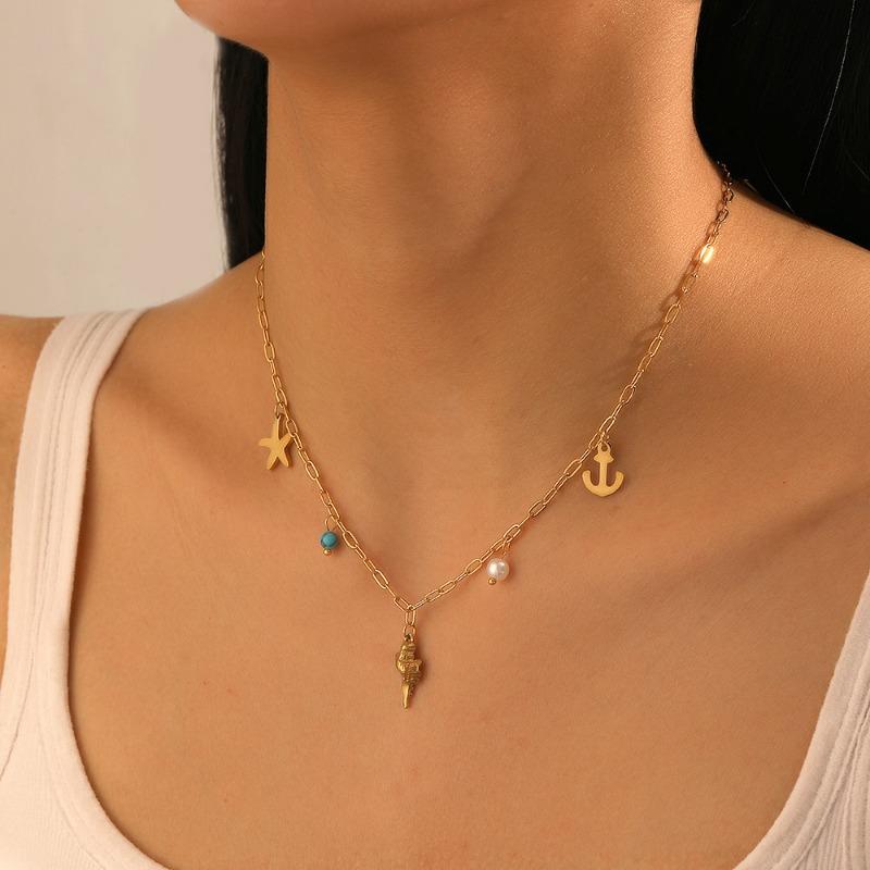 Gold Paperclip Chain Ocean Charm Necklace with Starfish and Anchor