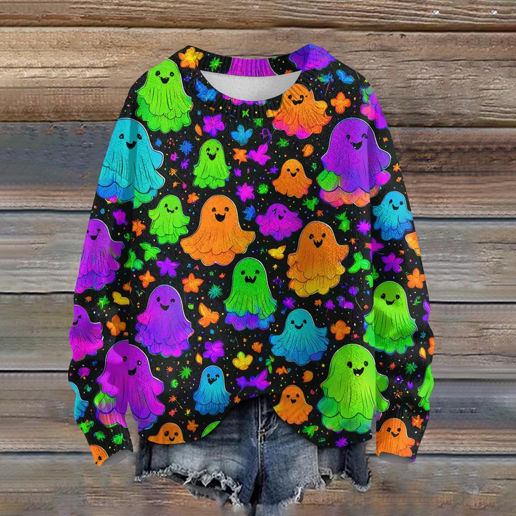Ladies' Fashionable Casual Long Sleeved Halloween Printed Round Neck Knitted Yarn