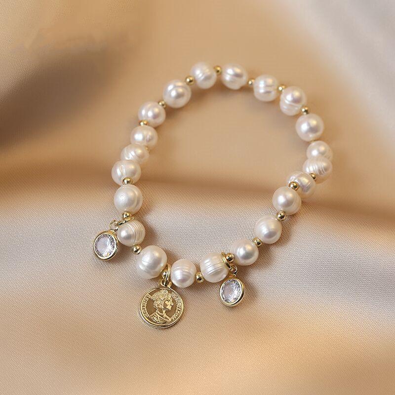 Korean Style Adjustable Freshwater Pearl & Zircon Beaded Coin Bracelet