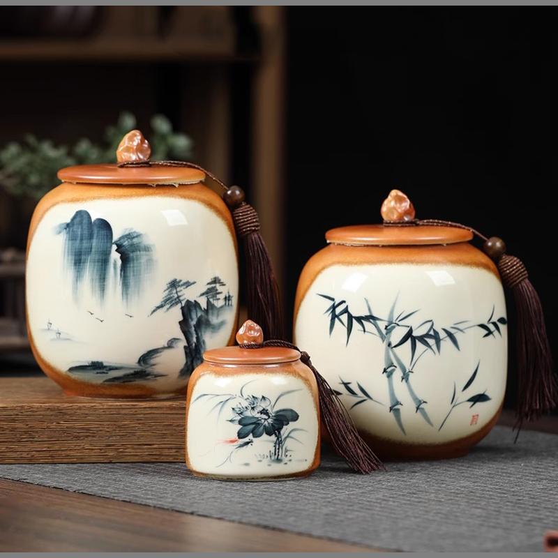 Chinese Ceramic Tea Caddy Vintage Sealed Candy Jar Household Moisture Proof Coffee Beans Nut Herb Storage Jar Kitchen Container