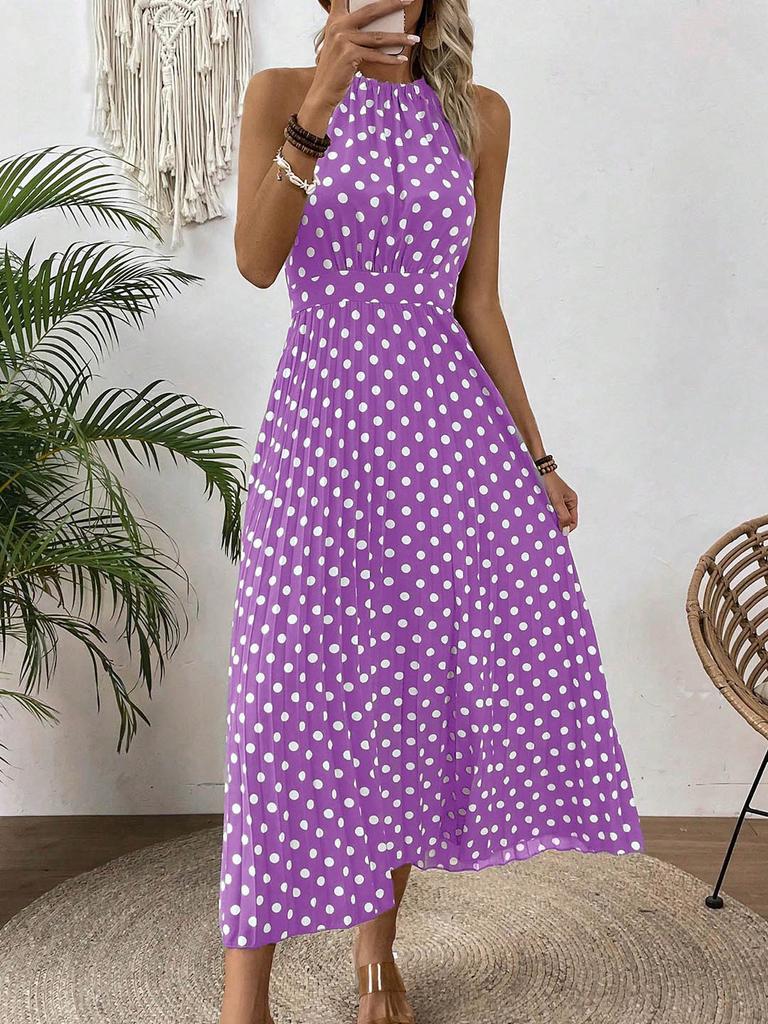 European and American Women's Clothing Spring and Summer Fashion Printing Polka Dot Round Neck Long Dress Women's Dress