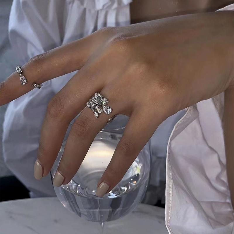 Foxanry Silver Color Sparkling Zircon Cuff Rings For Women Girls Fashion Personality Simple Temperament Engagement Jewelry Gifts