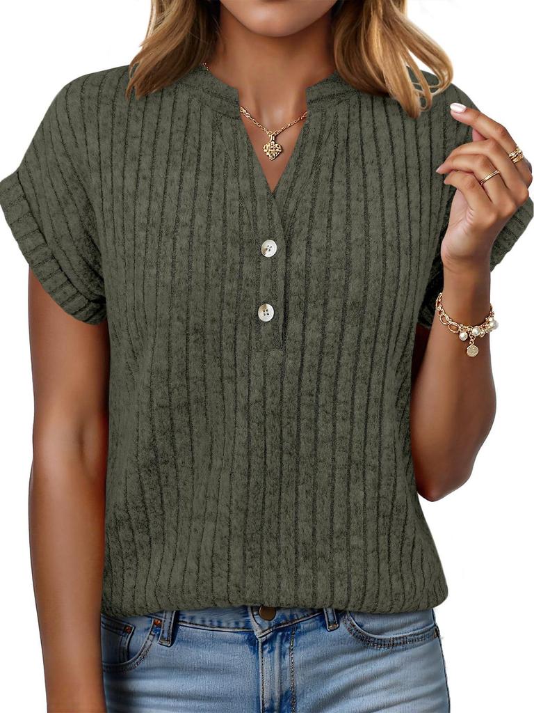 2026 Spring/Summer Casual Ribbed V-Neck Batwing Short-Sleeve Women's Top