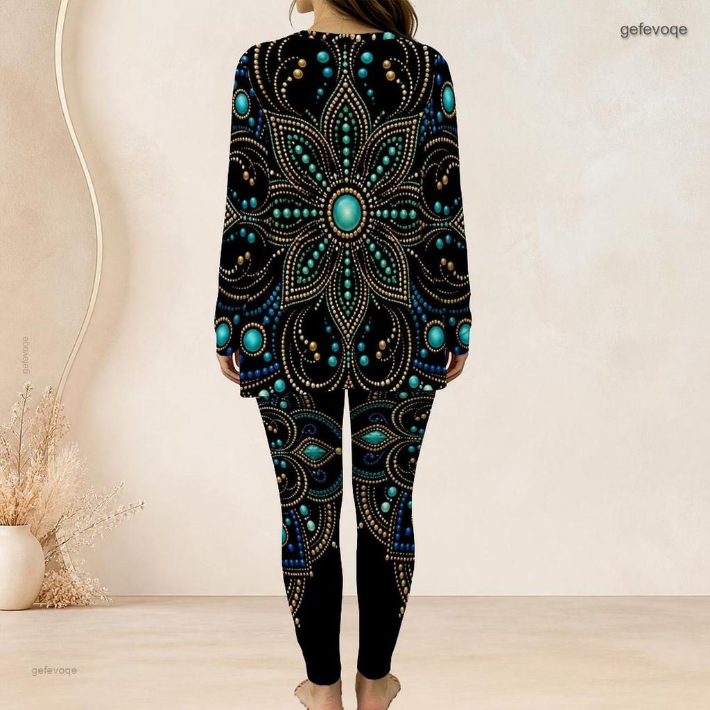 Women Plus Size Two Piece Set Round Neck Long Sleeve Colorful Printed Longline Top Fitted Pants