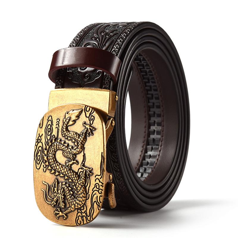 Men's Retro Dragon Head Genuine Leather Belt with Carved Embossed Design