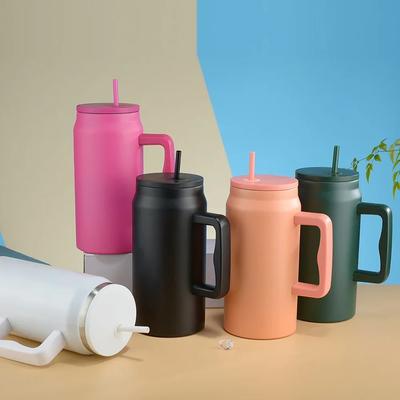 50oz Grote Capaciteit Roestvrijstalen Reiskoffiemok Draagbare Vacuüm Geïsoleerde Waterbeker Thermosfles met Handvat Rietje VoorAuto