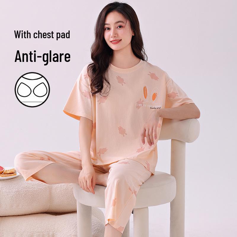 Women's Pure Cotton Pajama Set: Short Sleeve, Seven-Point Pants, Loose Fit, Built-In Bra Pads, Comfortable Home Wear.