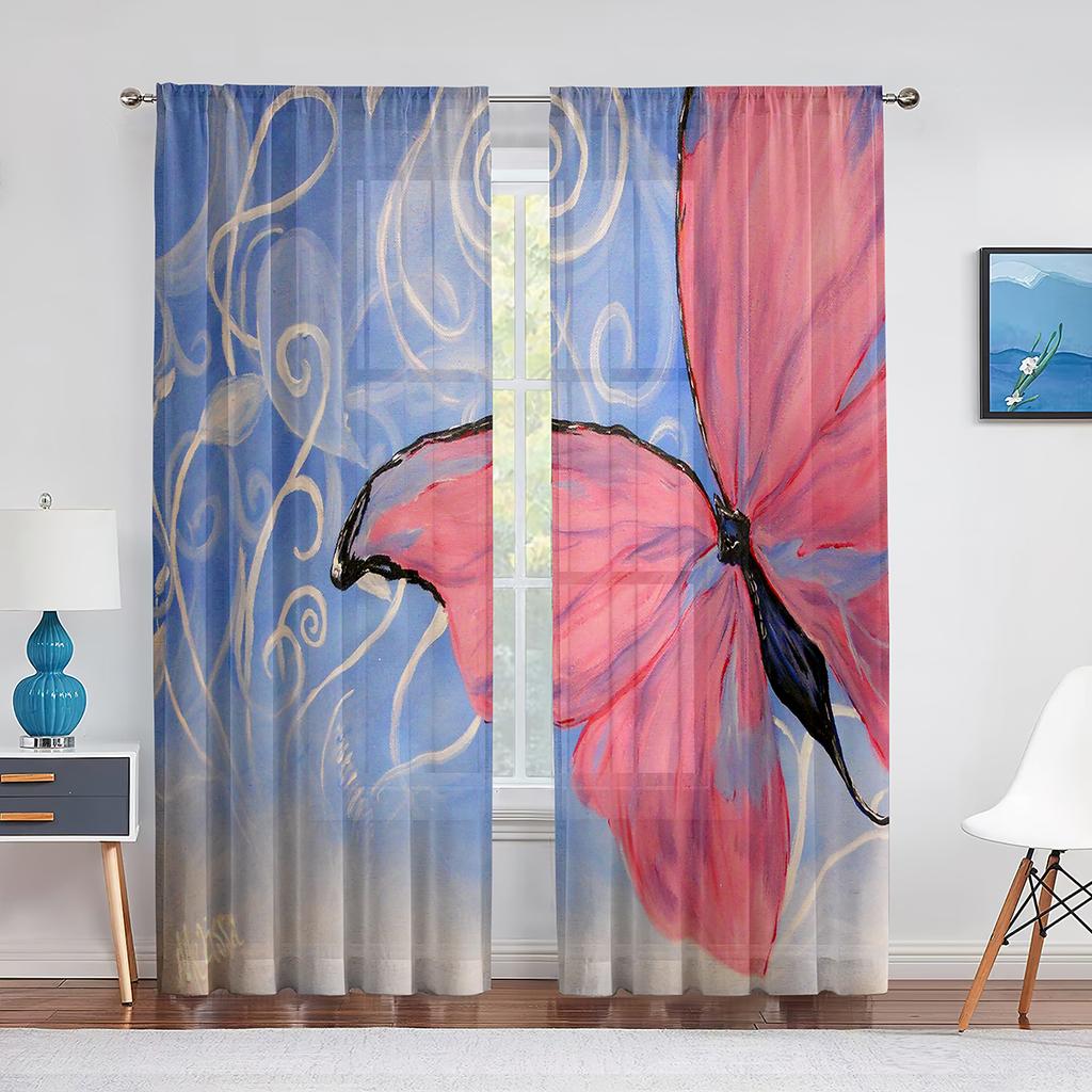 Spring Blue Floral Butterfly Sheer Curtain for Living Room Bedroom Home Kitchen Chiffon Tulle Curtains Window Treatment Decor