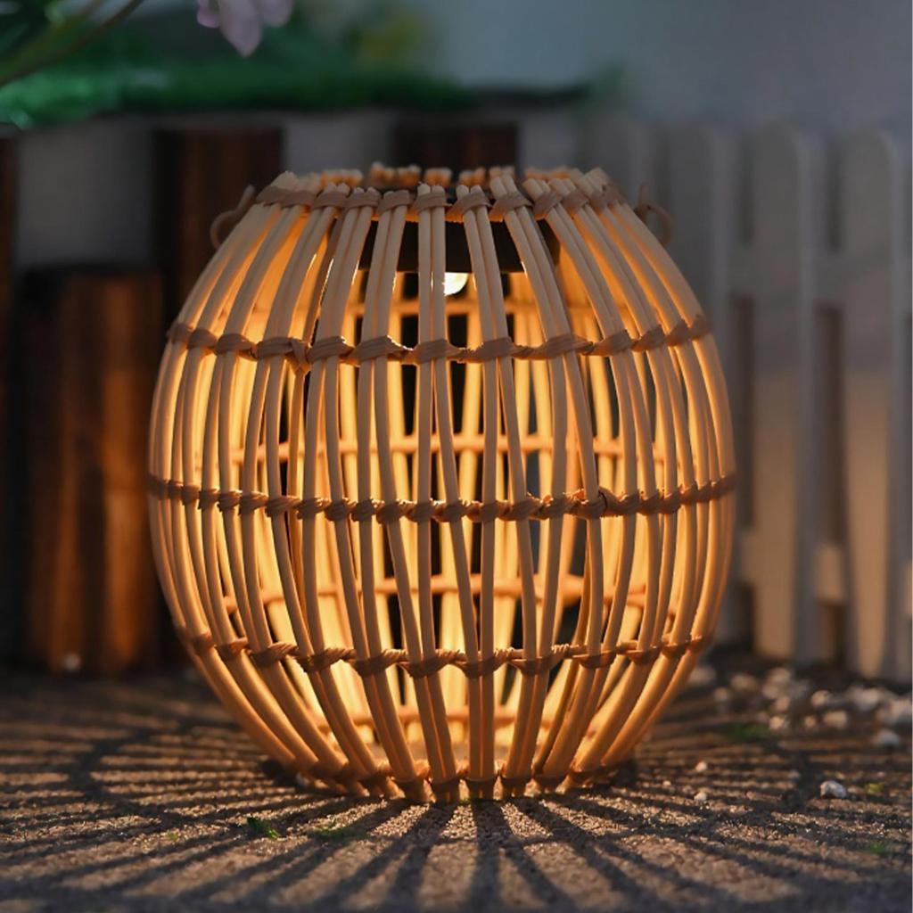 Bohemian Solar Lantern Hangable Weatherproof Rattan Light Boho Outdoor Lantern Smart Light Control Warm White Light