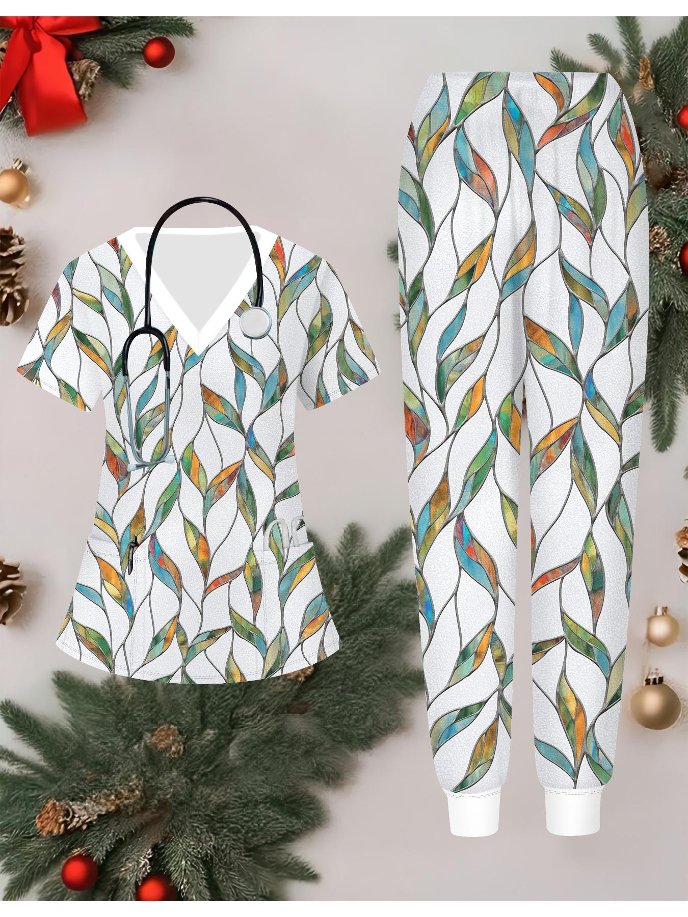 

Женский комплект медсестры с 3D-принтом цветов, короткий рукав, длинные брюки с карманом, повседневный, модный, рождественский подарок S зелёный