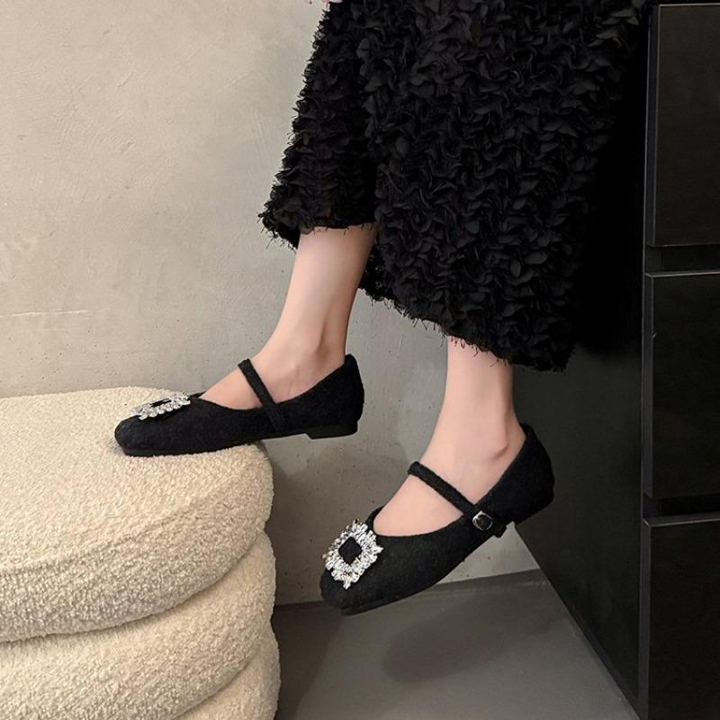 French Rhinestone Square Buckle Single Shoes for Women 2026 Autumn and Winter New Cotton Shoes Wedge