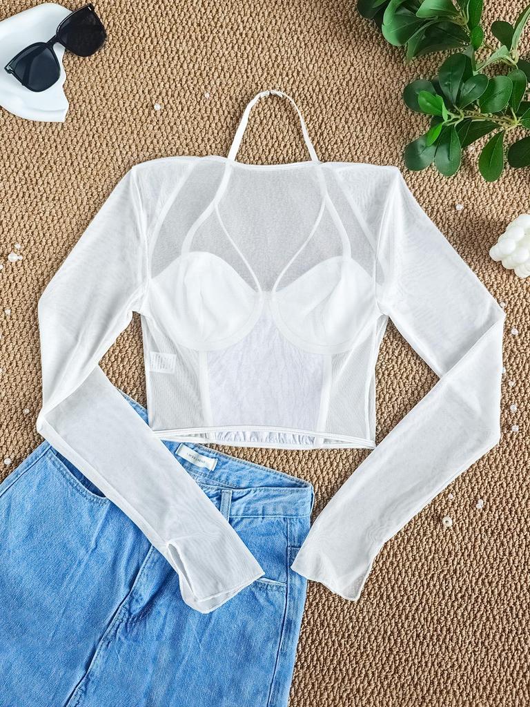 Summer Sexy Slim Fit Lace Chiffon Top with Steel Ring and Fishbone Design for a Spicy Look