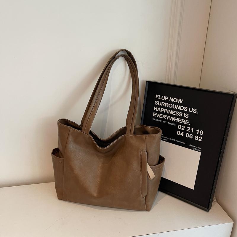 PU Shoulder Bag Women Solid Color Large Capacity Handbag Commuter Tote Bag