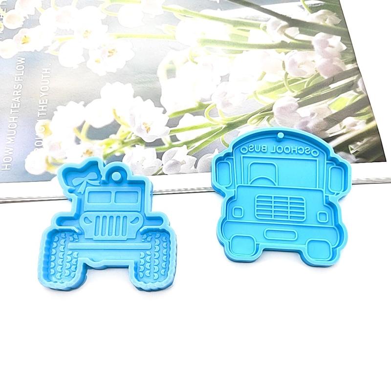 Shiny Glossy Cartoon Car School Bus Ornament Silicone Epoxy Resin Mold DIY Keychain Pendant for Anniversary Gift