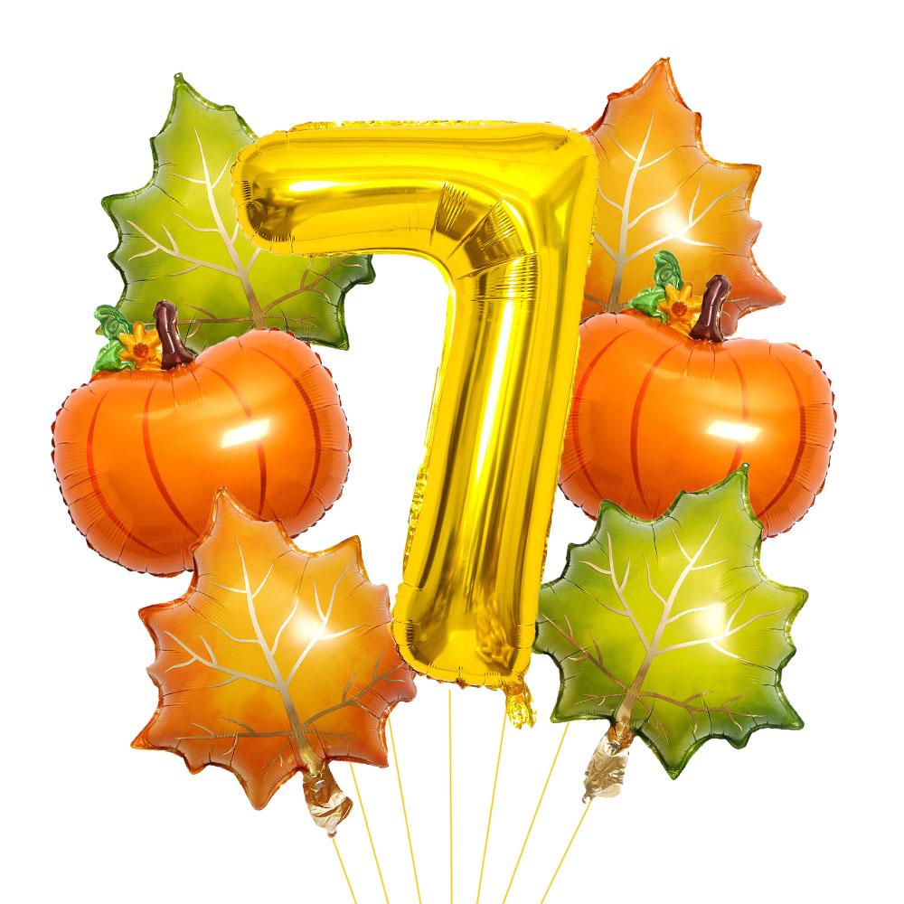 7pcs Pumpkin Maple Leaves Balloons Set 32inch Gold Number Balloon for Fall Party Thanksgiving Party Decoration