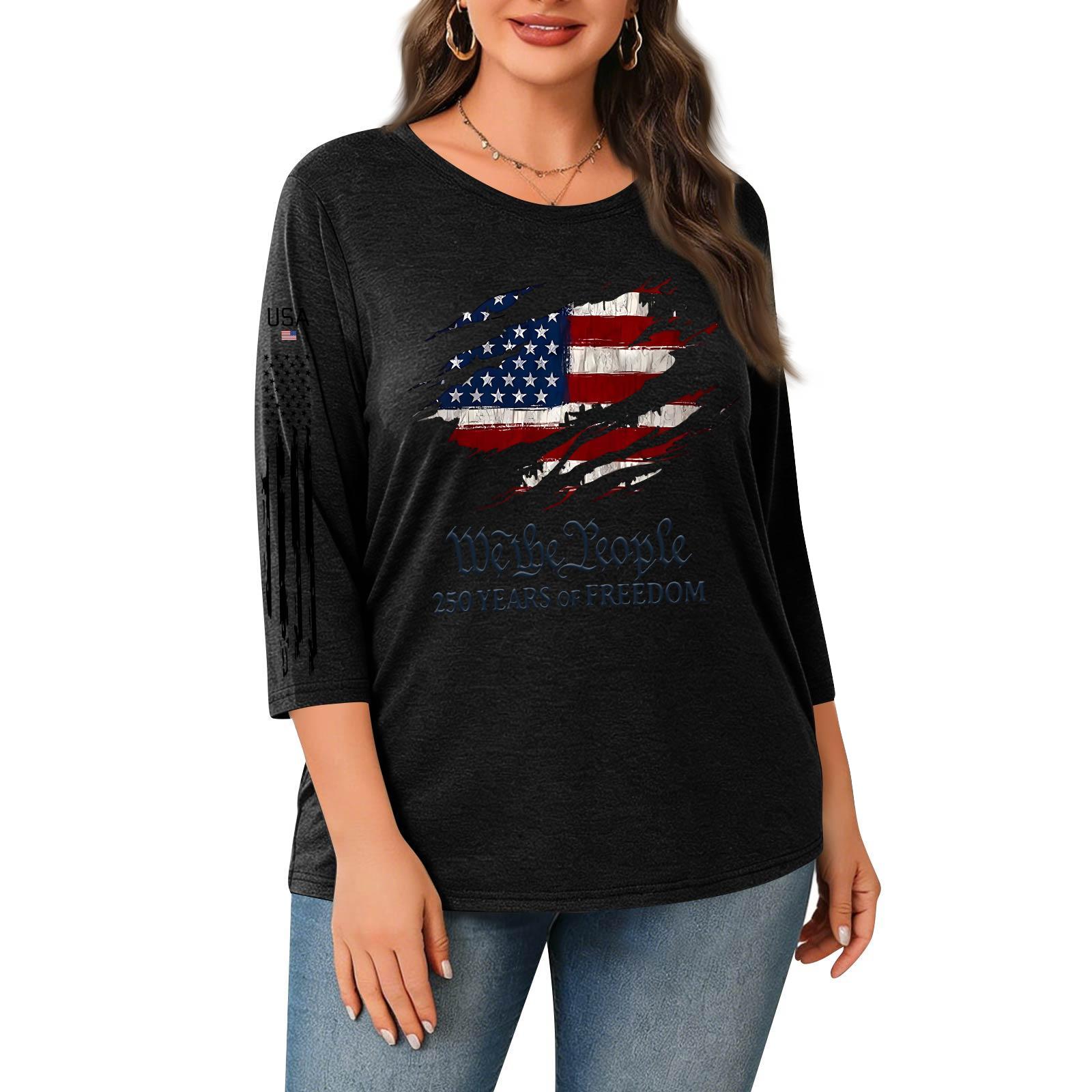 

Womens Spring Tops Casual 3/4 Sleeve Summer Shirts for Women Loose Fit Womens Summer Shirts Flag Print XXL чёрный