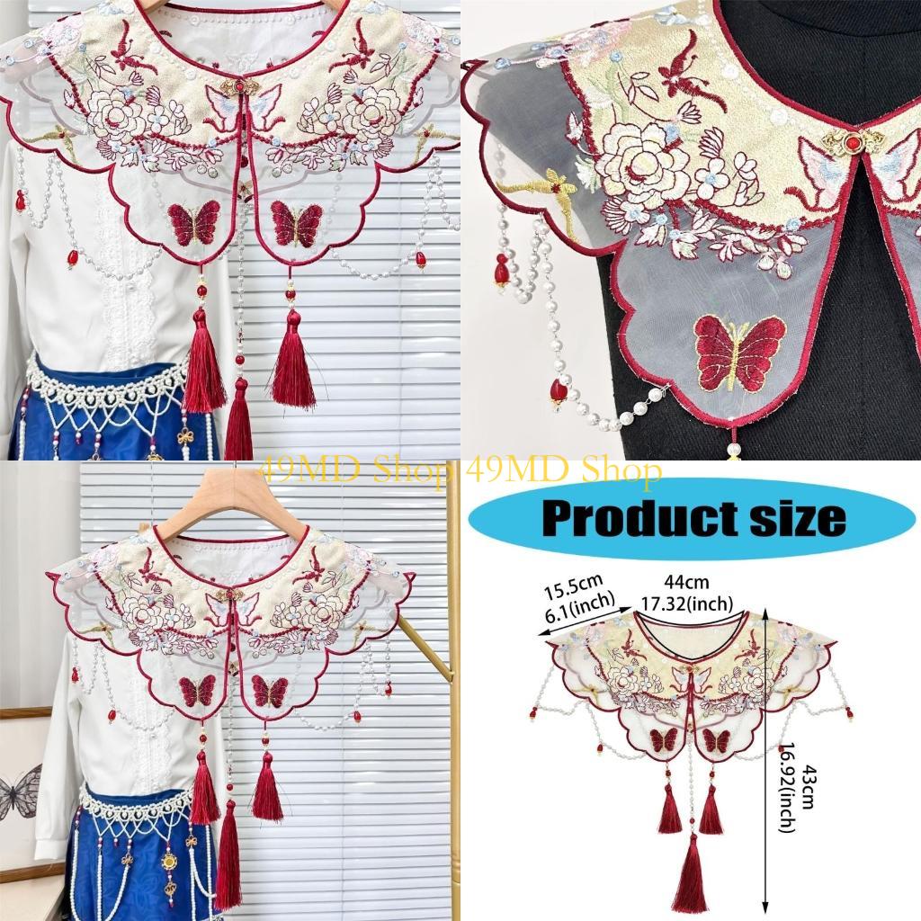 

49MD Embroidered Butterfly Floral False Collar Traditional Chinese Styles Beaded Tassels Pendant Shawl Capes Scarf for Women CN