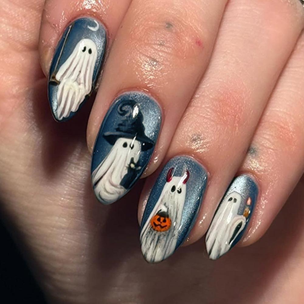 24pcs Halloween Nails Press On Cat Eye Ghost Fake Nails Almond Shape Cute Spooky Nail Art with 1 Jelly Glue and 1 Nail File