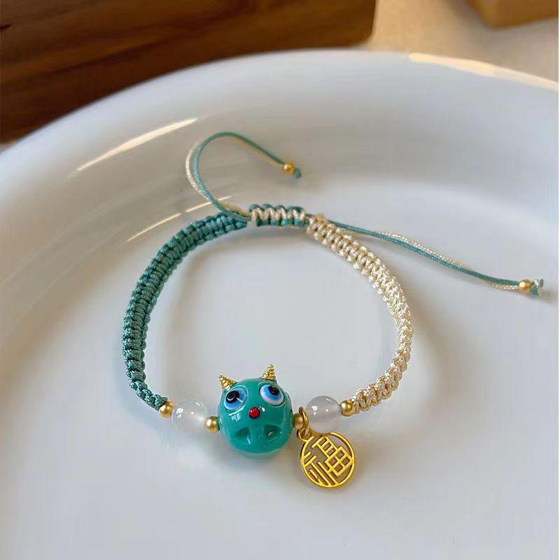 Imitation Hetian Jade Braided Bracelet with Peace Buckle Double Ring Design - Ethnic Style Women's Gift