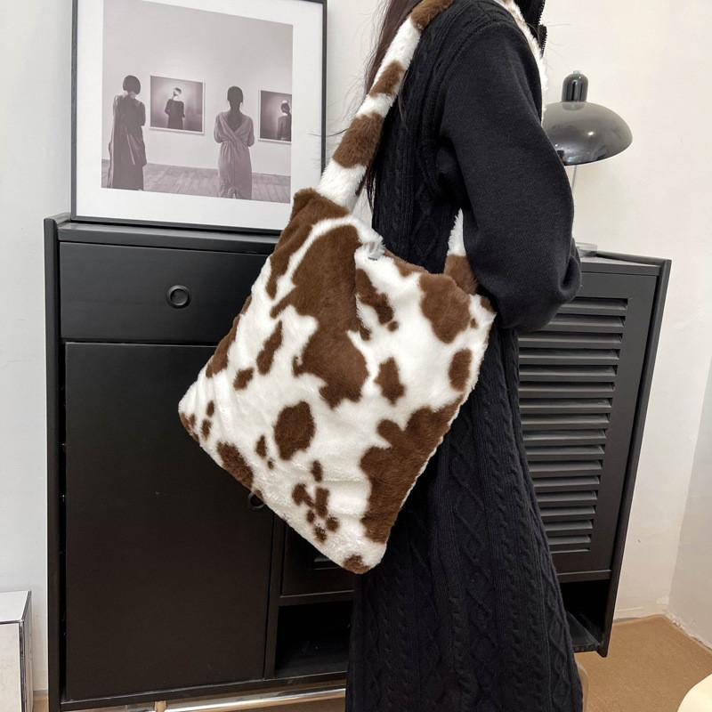 Fashionable Plush Handheld Tote Bag For Women With Luxury Cow Print And Soft Material