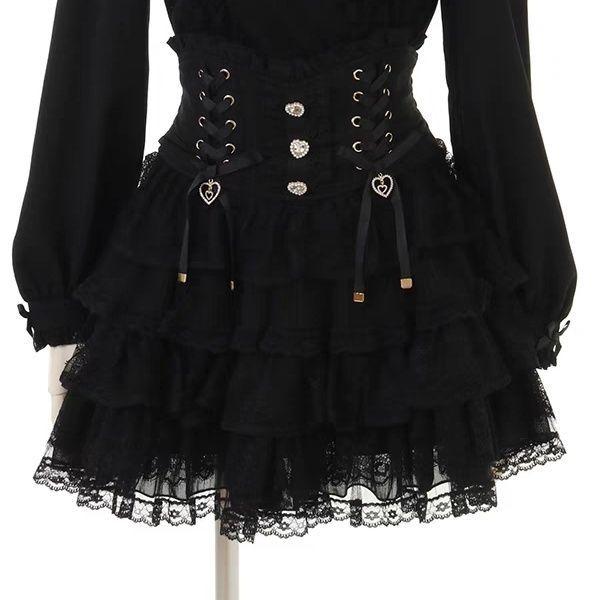 Japanese Sweet Lolita Style Mini Skirt Women Elegant Lace Bandage Party Cake Skirts Female Gothic Y2k Metal Buckle Skirt