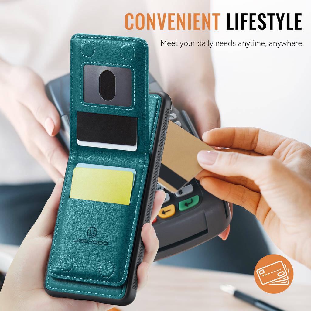 For Samsung Galaxy A15 5G/Galaxy A15 4G Leather Back Cover Compatible with MagSafe JEEHOOD J06 Phone Case with Card Bag RFID Blocking