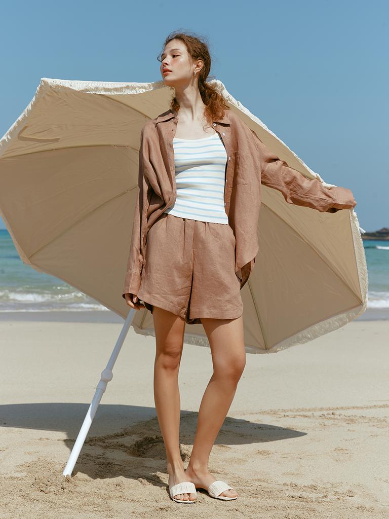 LENINA Lona Linen Half Pants_Brown