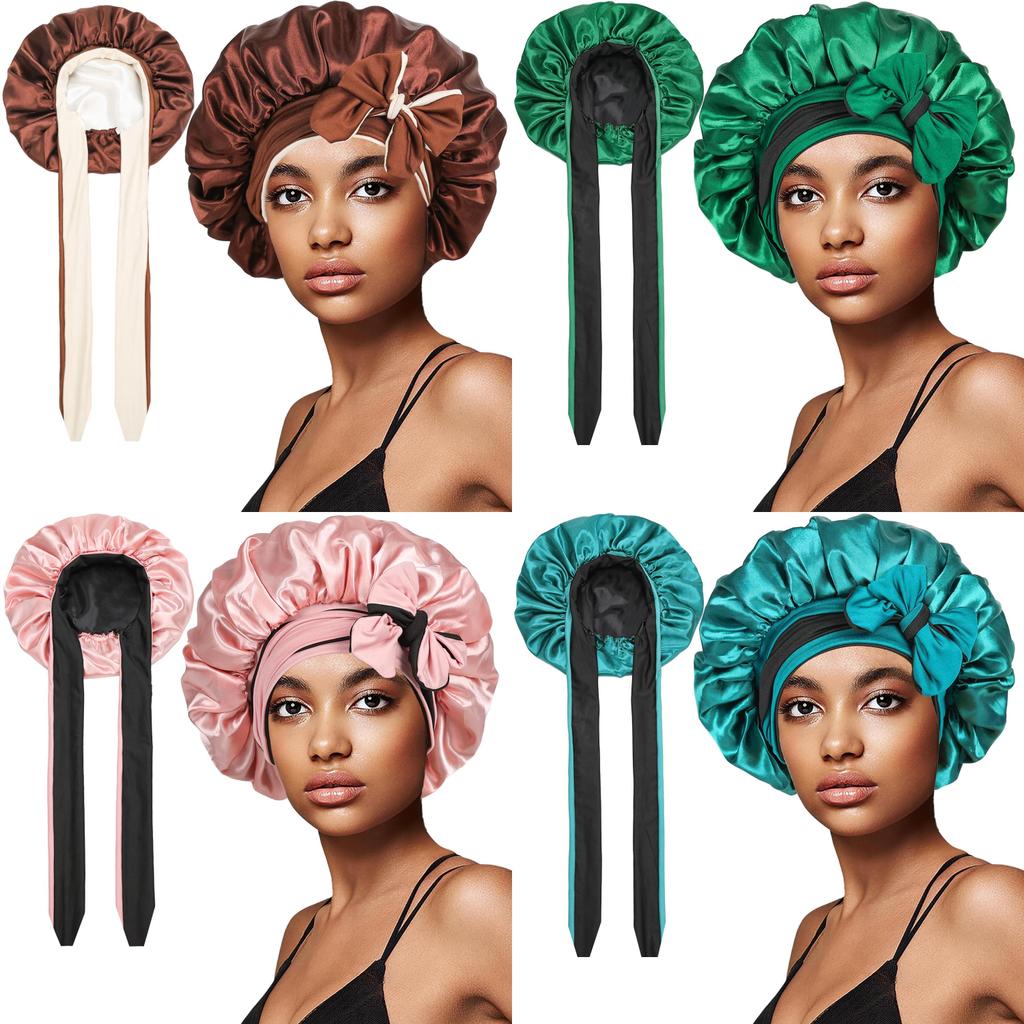 Polyester Double Layer Satin Sleep Cap With Bow Tie For Women And All Seasons Comfort