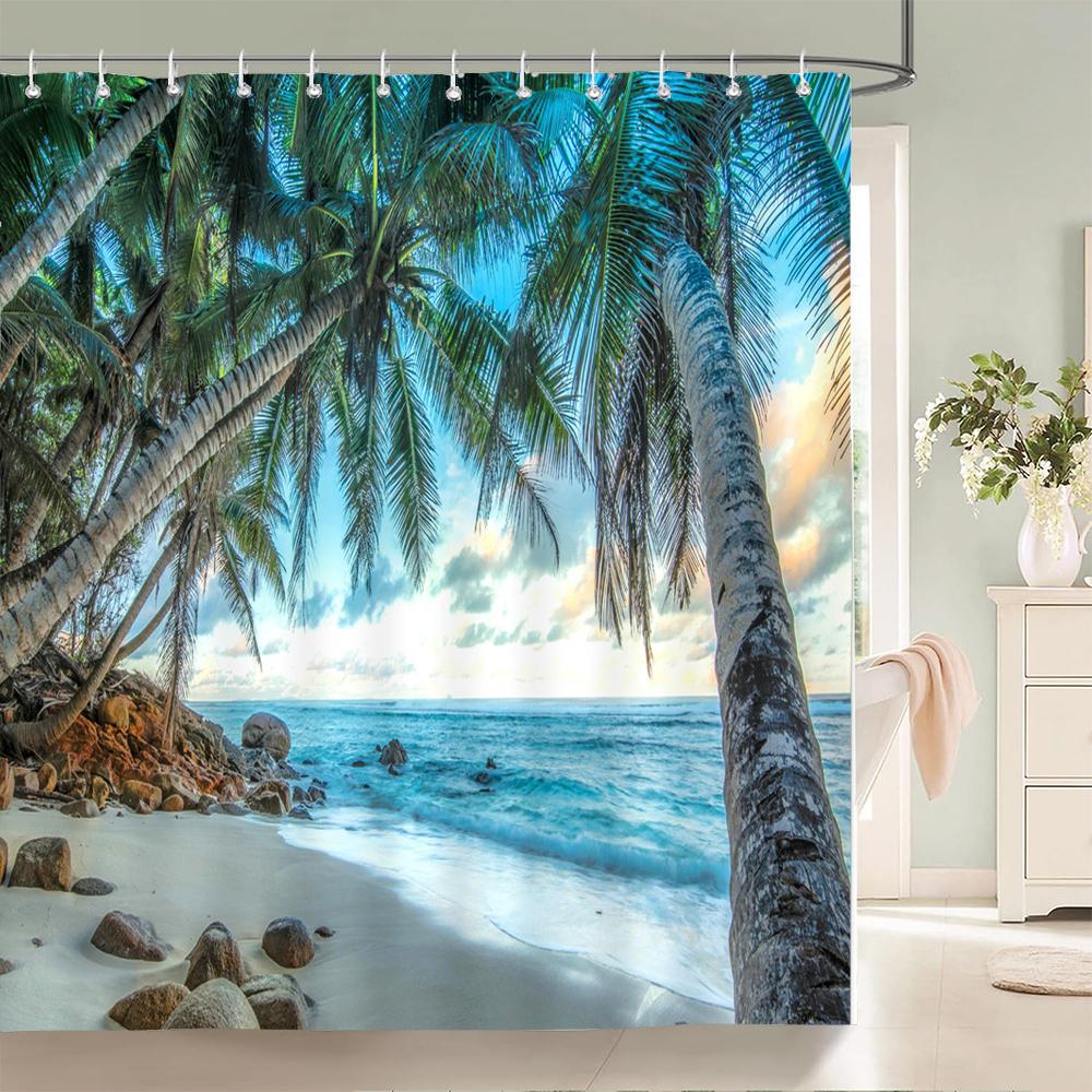 

Высококачественные тканевые шторки для душа с принтом Солнечный пляж , морской пейзаж, водонепроницаемые изделия, декор для ванной комнаты, с 12 крючками W90xH180cm