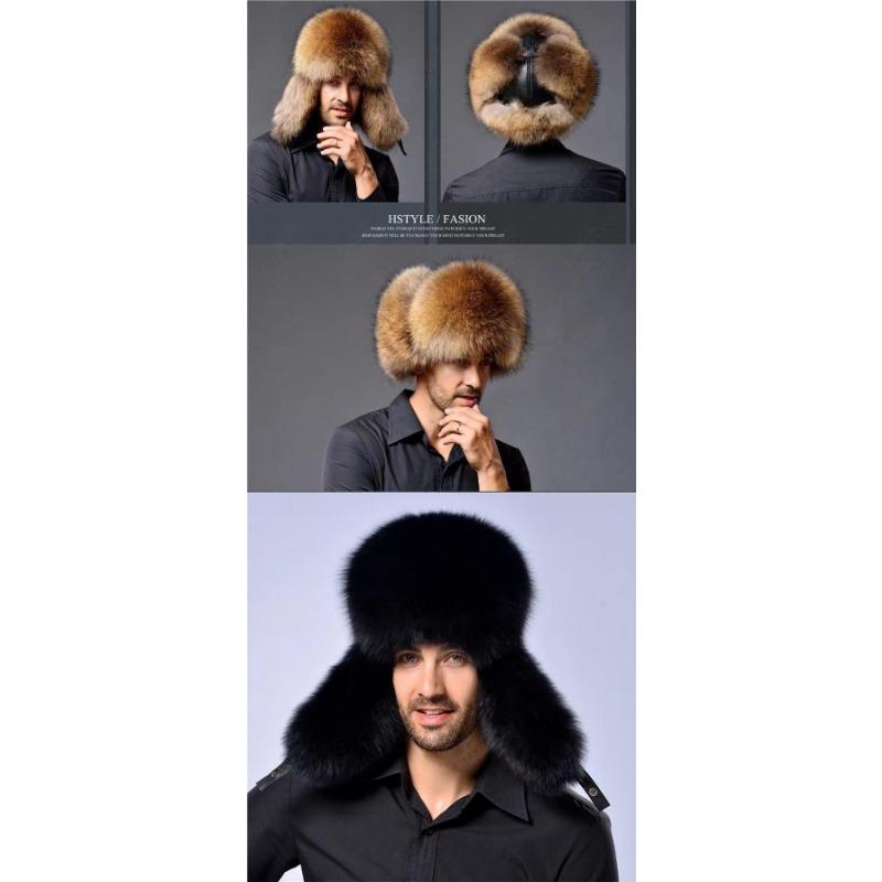 Fox hair Lei Feng hat, men's winter thickened fur cycling warm windproof ear protection hat, ski hat Russian outdoor