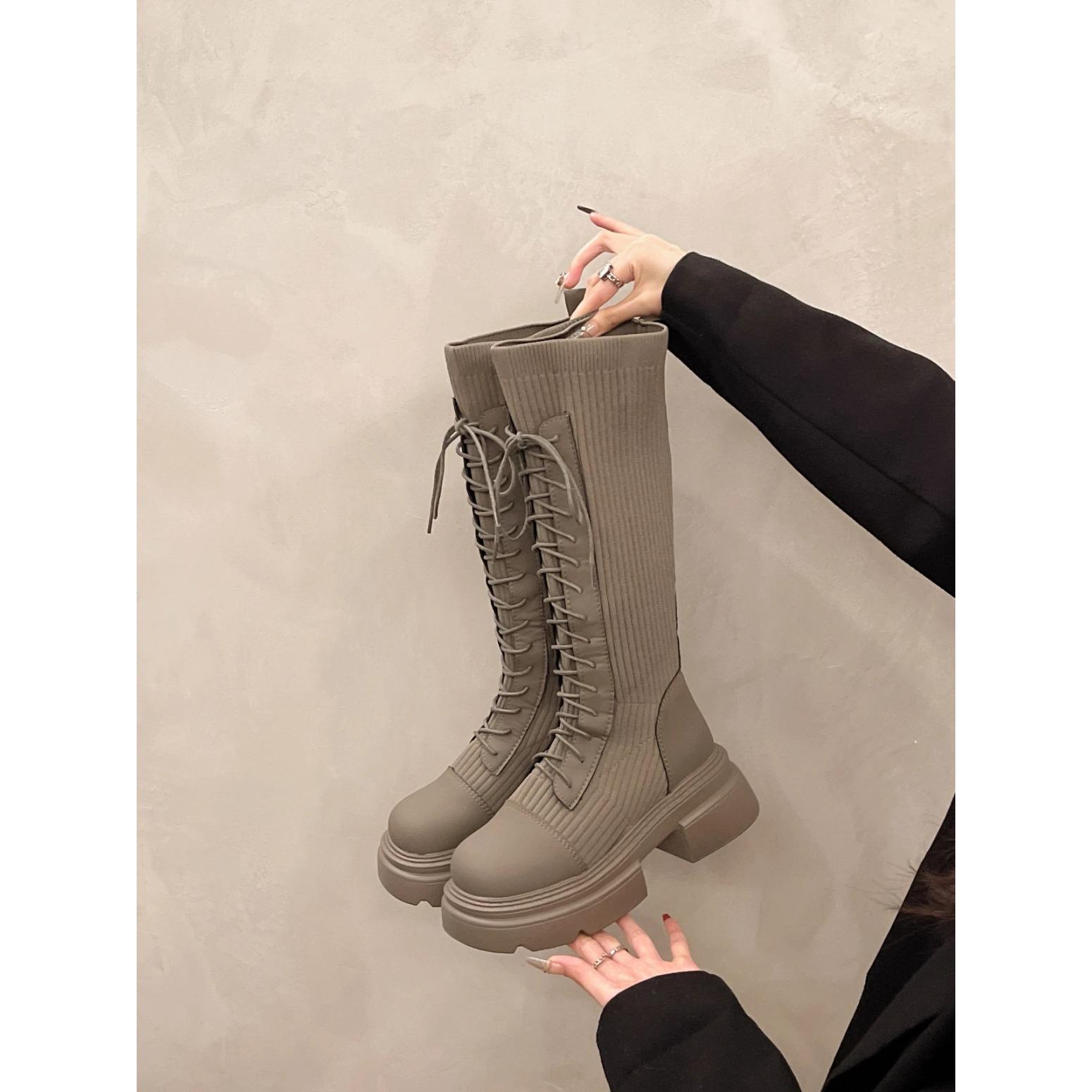 

Винтажные зимние женские сапоги на шнуровке до колена, модные современные длинные сапоги, дизайнерские толстые каблуки, Botas De Mujer 35