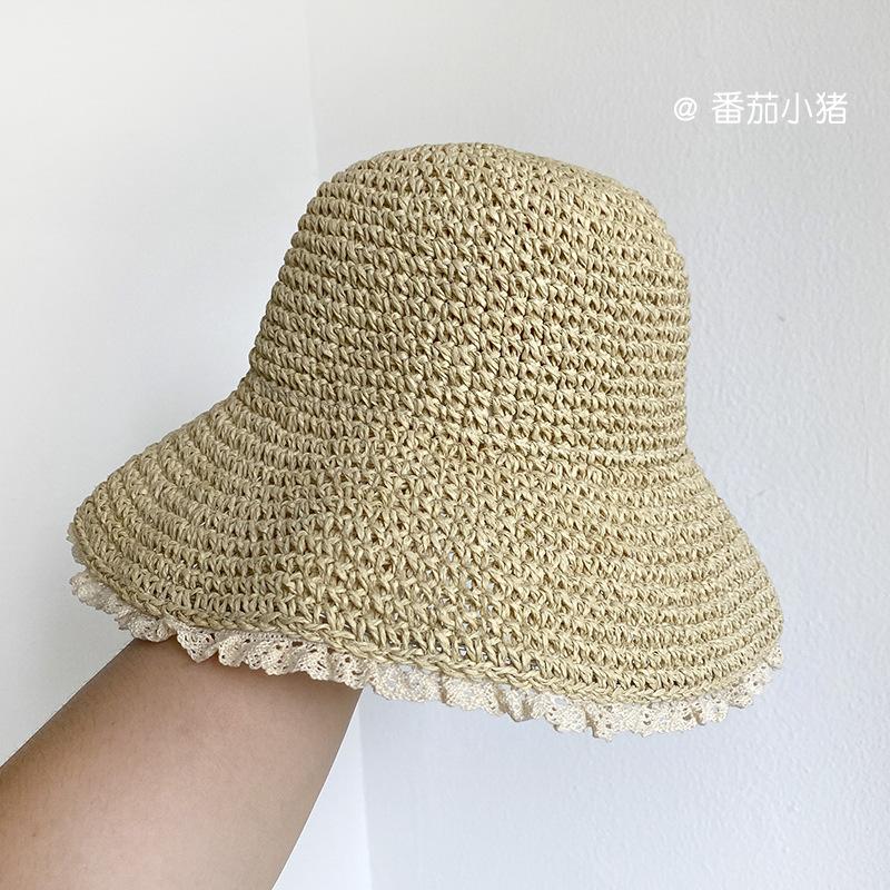 Straw Hat Women's Small Fresh Lace Solid Color Versatile Bucket Hat Summer Vacation Casual Big Brim Sun Hat