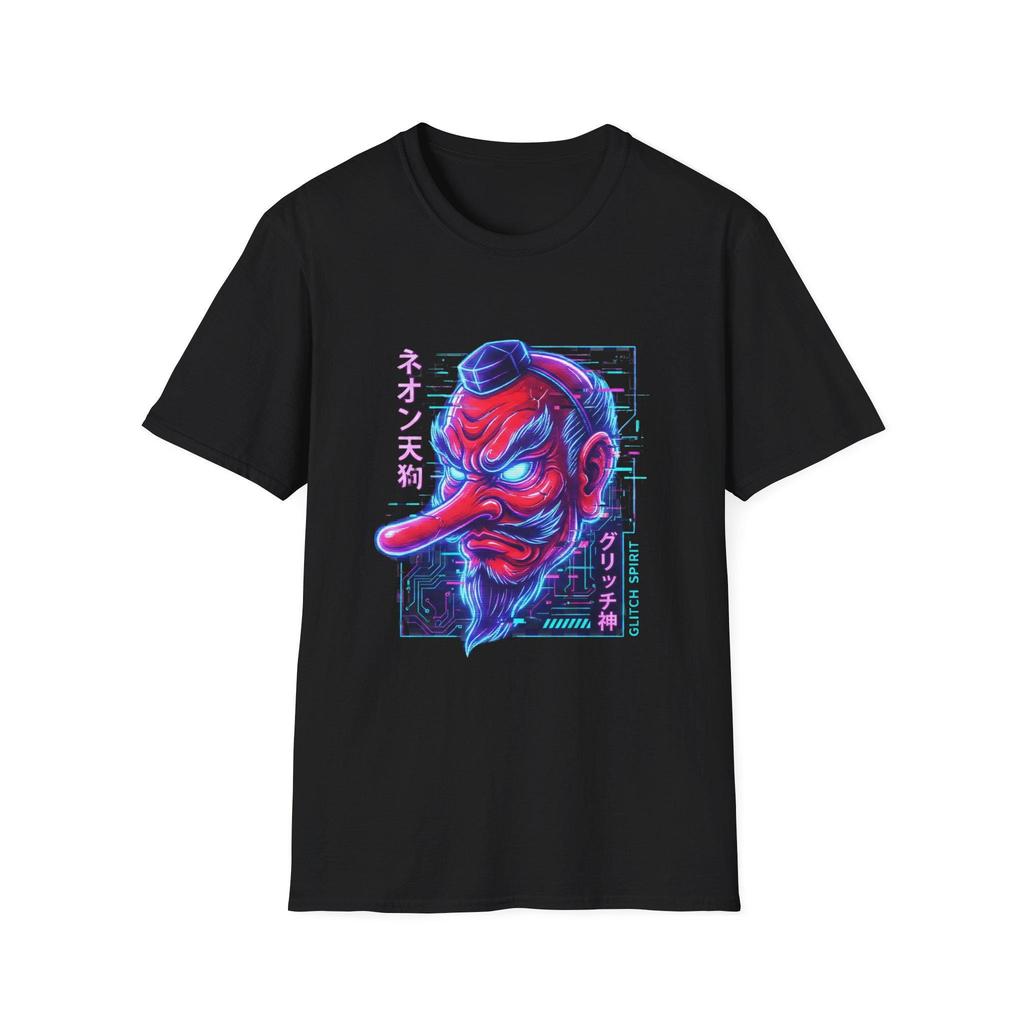 Cyberpunk Tengu T-Shirt Neon Japanese Yokai Demon Tee Anime Glitch Art Streetwear Oni Mask Graphic Gift for Him Her Unisex