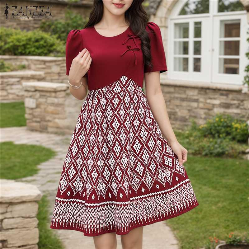 ZANZEA Women Casual Round Neck Short Sleeve Print Dress