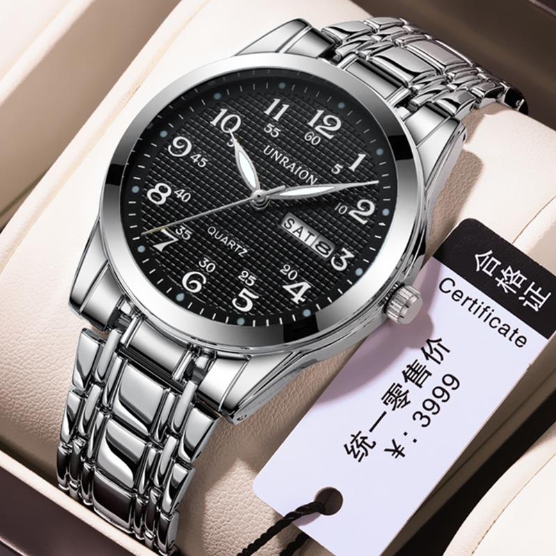 Men s Watch Waterproof Double Calendar Luminous Tide Quartz Watch Middle-aged and Elderly Business Tiktok Simple Wrist Watches