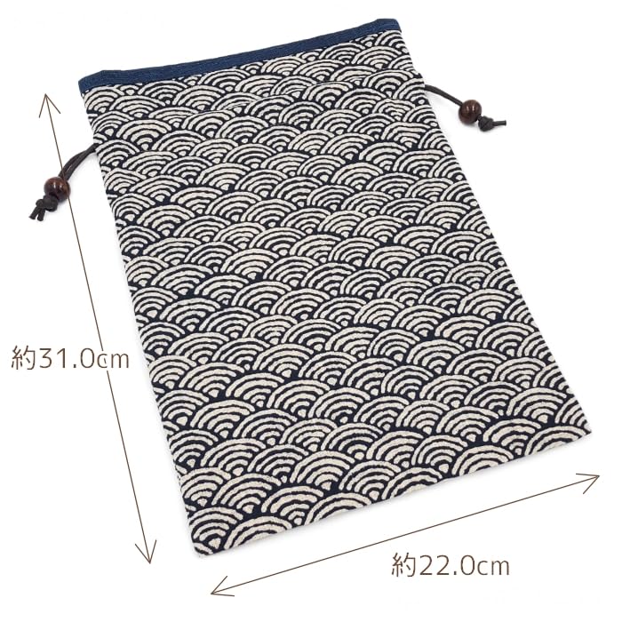 Handcrafted by FUJITA Drawstring Bag with Japanese Seigaiha Pattern x Navy Made in Japanese Accessories (Handcraft Fujita) - Lining, Pattern, (wave)