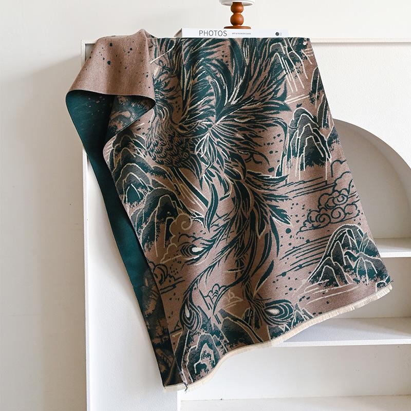 

национальный стиль мифический стиль Феникс Гочао двусторонний двухцветный термошарф из искусственного кашемира элегантная и простая шаль 180-65cm зелёный