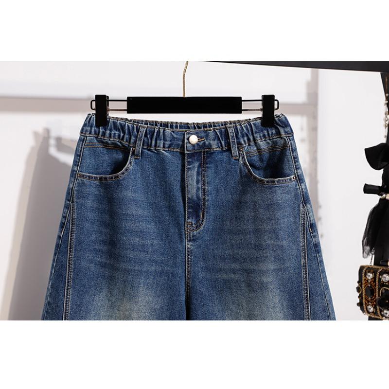 DIMANAF 2026 Sommer Plus Size Damebukser Jeans Underdele Elastisk Talje Oversize Løse Denim Bomuld Ensfarvet Blå Korte Bukser