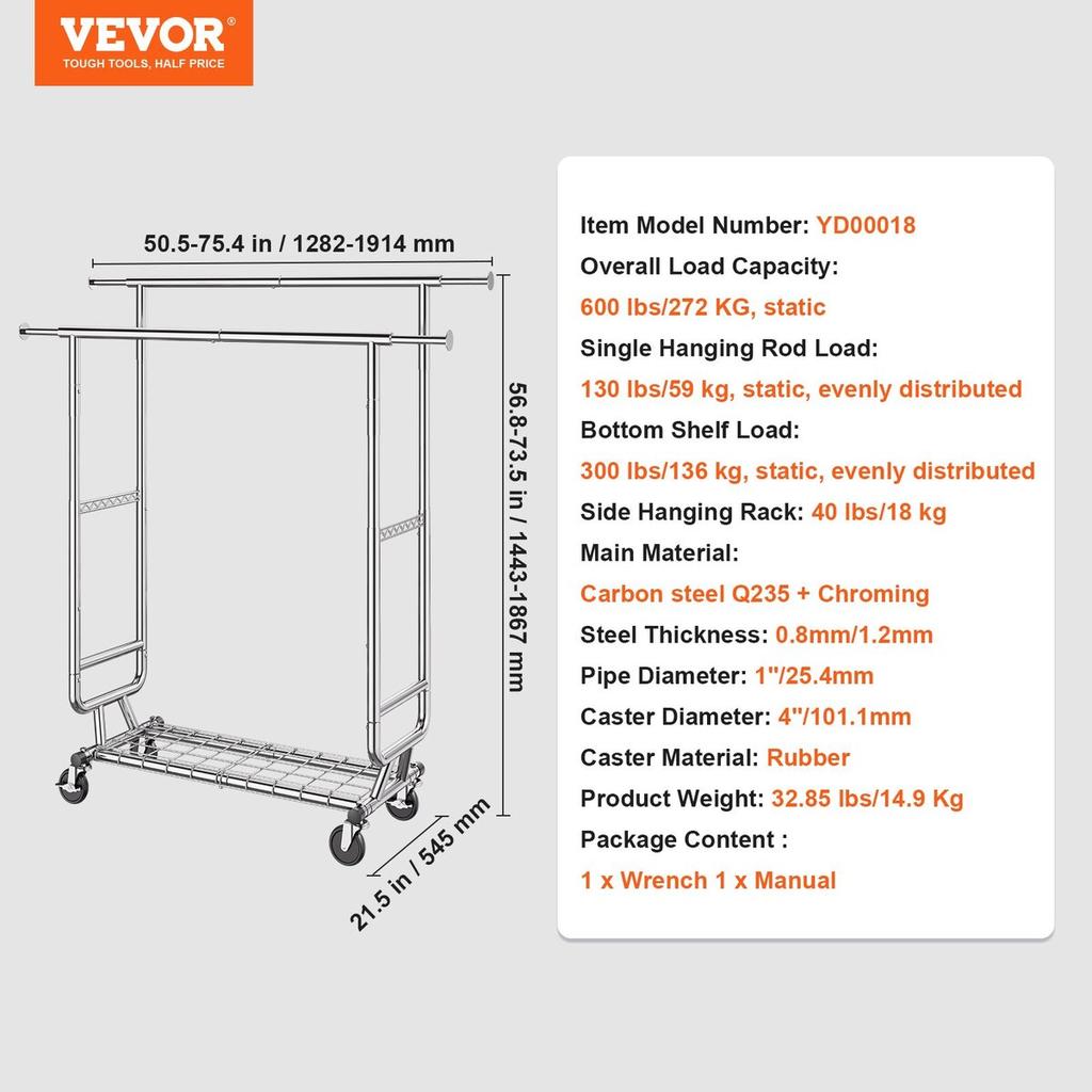 Heavy Duty Clothes Rack, Double Hanging Rod Clothing Garment Rack for Hanging Clothes, Adjustable Height and Extendable Length Clothing Rack with