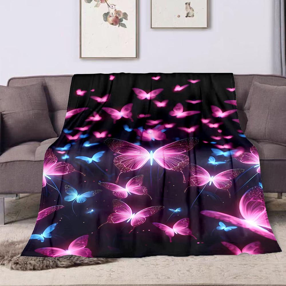 Glowing Pink and Blue Butterflies Night Patterned Flannel Blanket Perfect for the Bedroom Living Room, Sofa, or a Little Nap