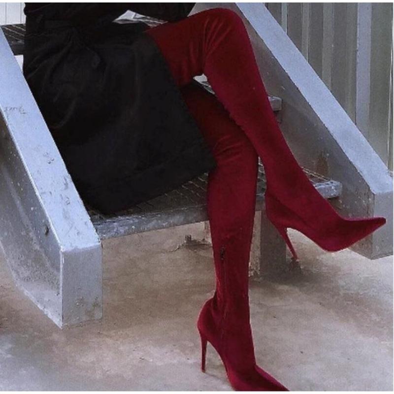 Fashion Velvet Long Boots for Women New Spring Autumn Over Knee Shoes Lady Pointed Toe Stiletto Heel Plus Size 34-43 Elastic Thigh Boots
