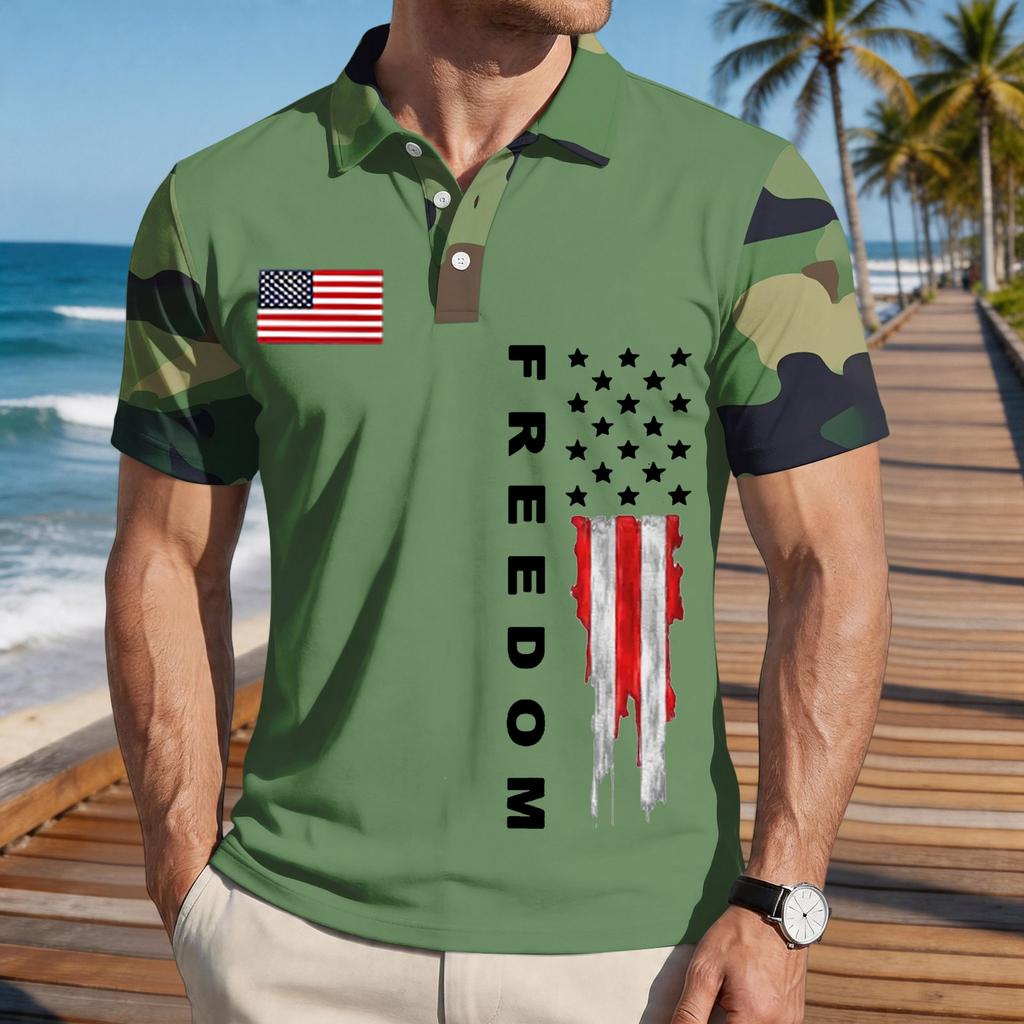 Men's Loose Fit Casual Short Sleeve Polo Shirt with Flag Print and FREEDOM Text Pattern Lightweight Breathable Summer Top