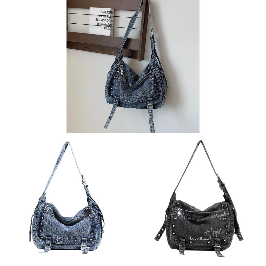 Borsa in Denim Retro da Donna con Grande Capacità e Borchie Metalliche per Uso Quotidiano