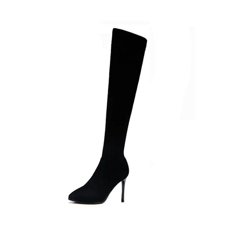 Women's Black Stiletto Over-the-Knee Boots with Velvet, 2025 Autumn/Winter Korean Style
