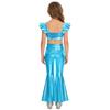 Girls Stage Performance Set Square Collar Metallic Crop Top Ruffled Sleeves Sequins with Split Bell Bottom Shiny Pants for Jazz Dance Recital