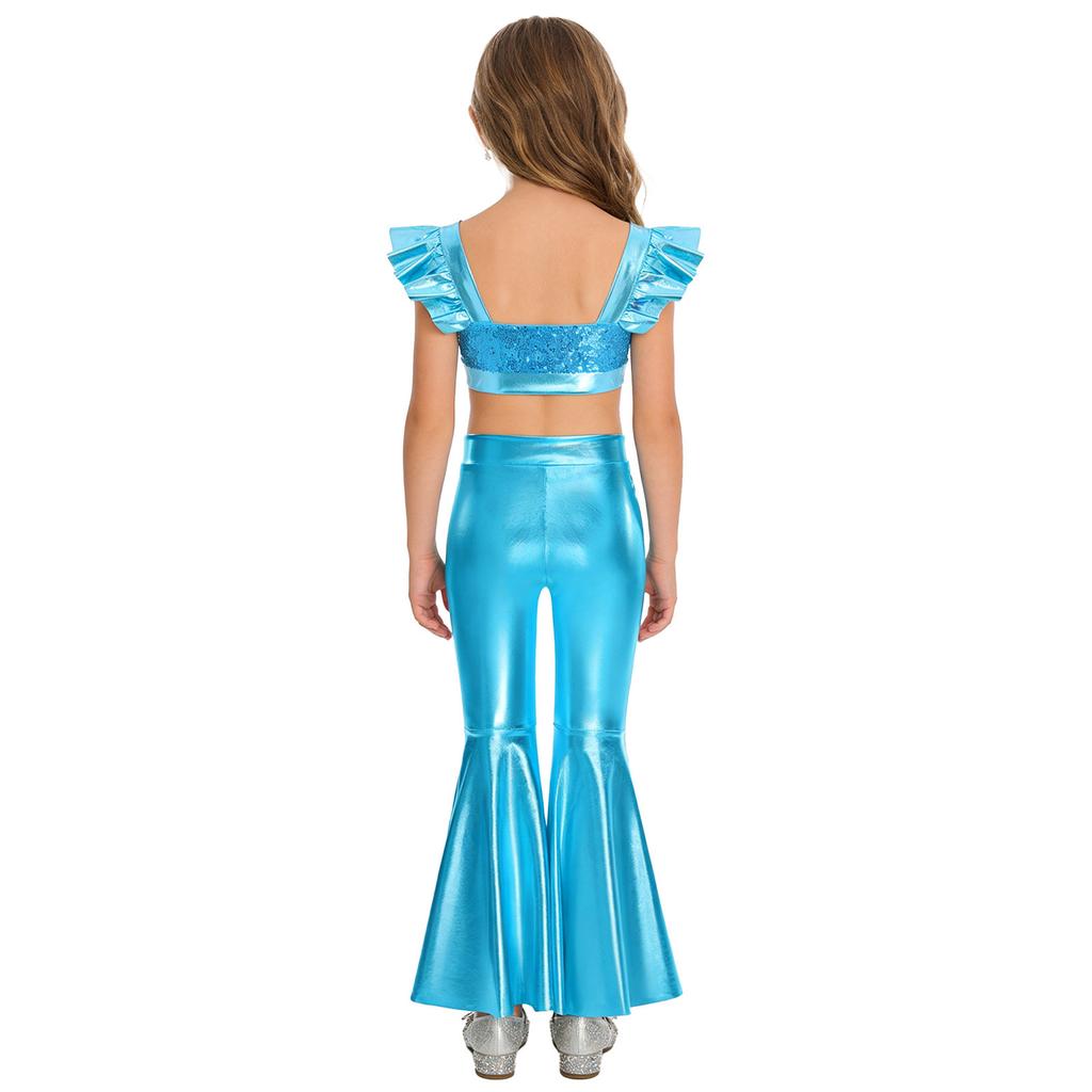 Girls Stage Performance Set Square Collar Metallic Crop Top Ruffled Sleeves Sequins with Split Bell Bottom Shiny Pants for Jazz Dance Recital