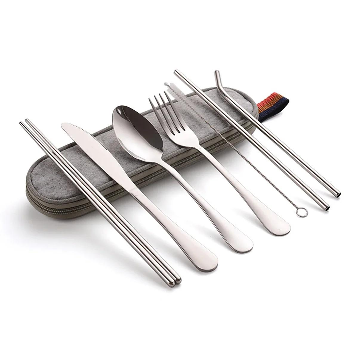 

8PCS Portable Tableware Reusable Travel Cutlery Set Camp Utensils Set Chopsticks Fork Spoon Knife for Outdoor Picnic Kitchen