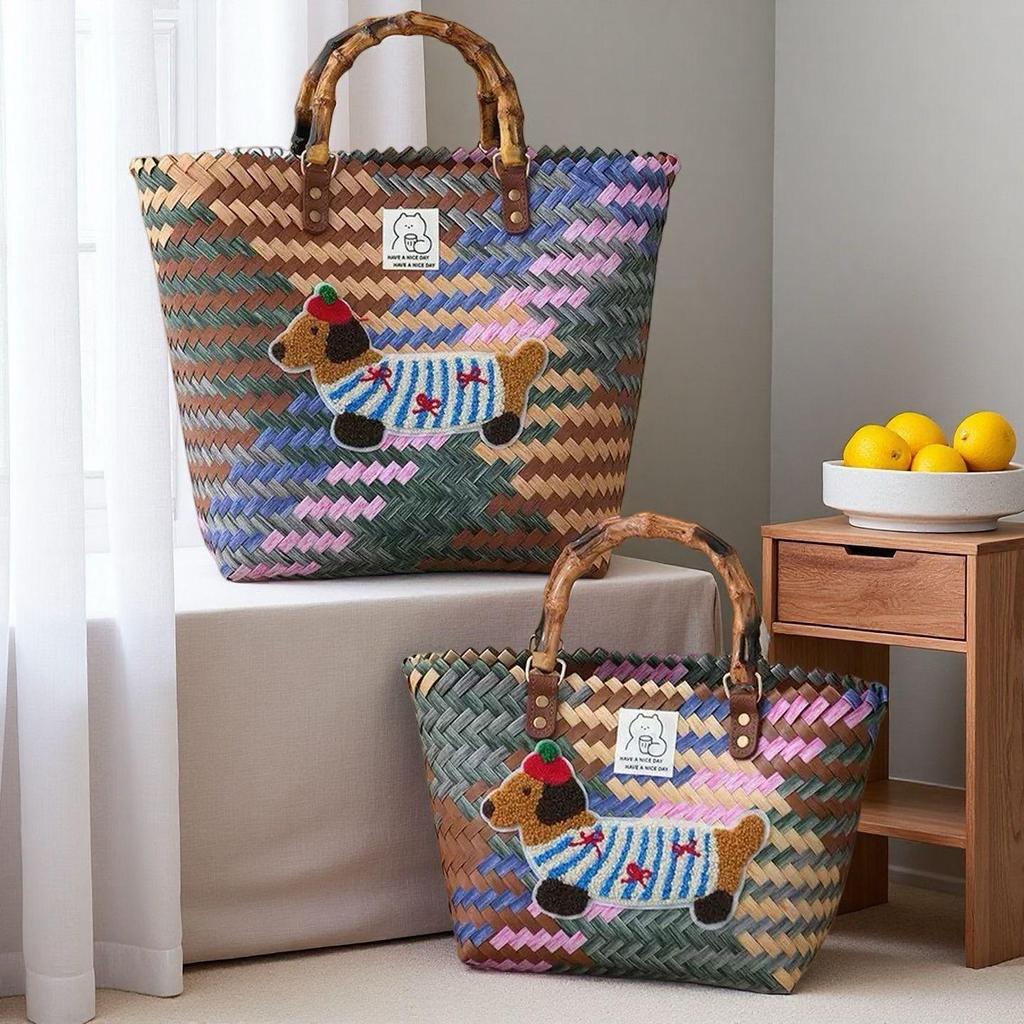 Dackel Welpe Gewebte Handtasche mit Bambusgriff Vintage Strandtasche